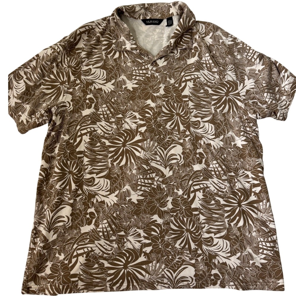 Murano Mens XL Brown Tropical Floral Lyocell Cotton Short Sleeve Polo Shirt